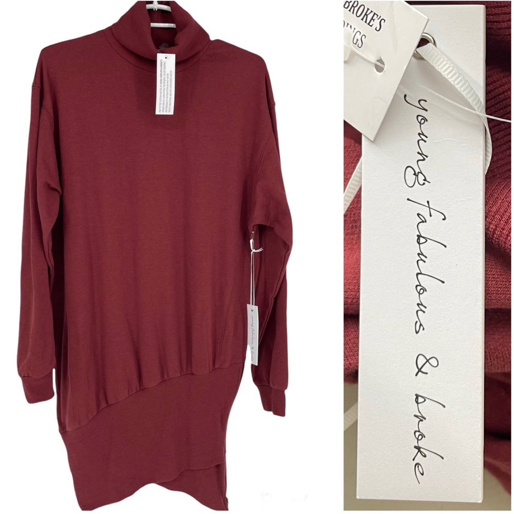 YOUNG FABULOUS & BROKE NWT ASYMMETRICAL TURTLENECK MINI DRESS REDISH RUST SMALL